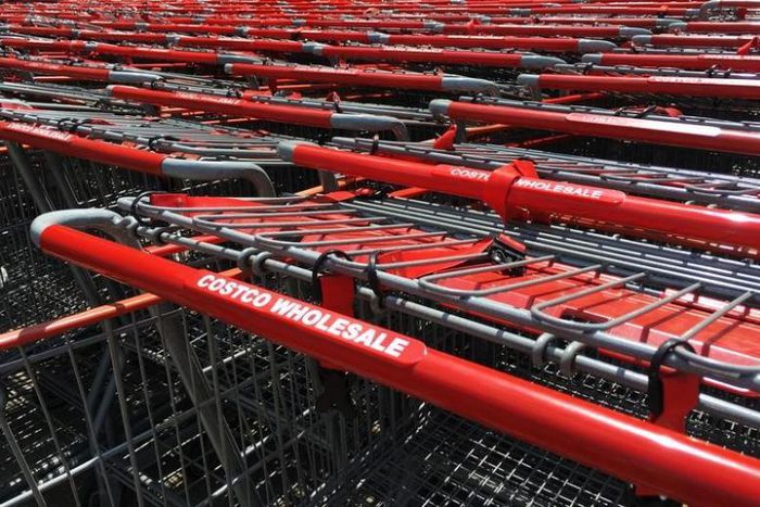 Shopping carts are seen outside a Costco Wholesale warehouse club in Westbury, New York,