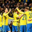 Sweden's midfielder Emil Forsberg celebrates with his teammates after scoring during their FIFA World Cup 2018 qualifier against Belarus in Solna on March 25, 2017