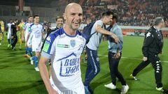 Troyes' midfielder Benjamin Nivet celebrates at the end of the play-off match against Lorient on May 28, 2017