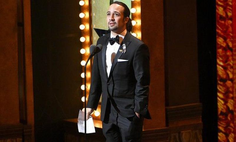 Lin-Manuel Miranda accepts the award for best original score for "Hamilton" at the Tony Awards at the Beacon Theatre on June 12, 2016, in New York City.