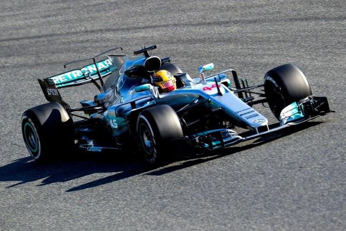 Mercedes AMG Petronas F1 Team's British driver Lewis Hamilton drives at the Circuit de Catalunya on February 27, 2017