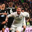 Real Madrid's captain Sergio Ramos celebrates after scoring a goal during their Spanish La Liga match against Deportivo la Coruna, at the Santiago Bernabeu stadium in Madrid, on December 10, 2016