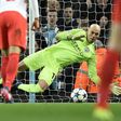 Willy Caballero saves a penalty during Manchester City's Champions League match against Monaco at the Etihad Stadium on February 21, 2017