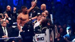 Britain's Anthony Joshua celebrates in the ring after his victory over Ukraine's Wladimir Klitschko in the eleventh round of their IBF, IBO and WBA, world Heavyweight title fight at Wembley Stadium in north west London on April 29, 2017