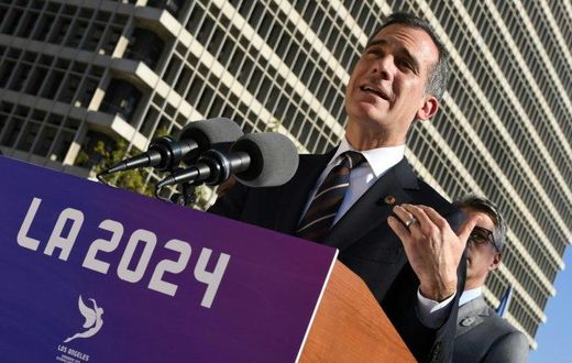 Los Angeles Mayor Eric Garcetti announces the city councils unanimous approval to bid for the 2024 Summer Olympics in Los Angeles, California
