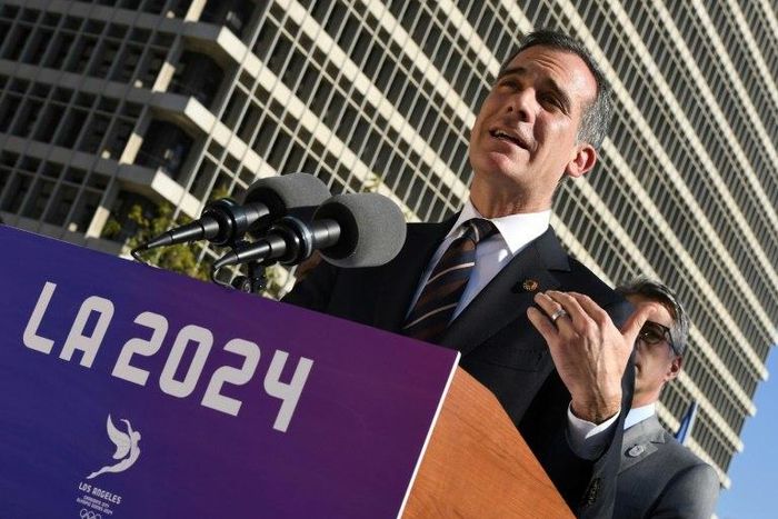 Los Angeles Mayor Eric Garcetti announces the city councils unanimous approval to bid for the 2024 Summer Olympics in Los Angeles, California