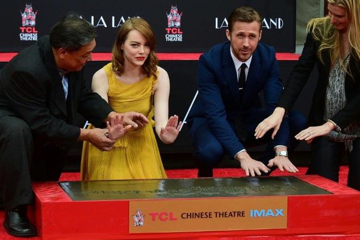 Actors Emma Stone and Ryan Gosling at their Hand and Foot prints ceremony in front of the TCL Chinese Theater in Hollywood on December 7, 2016 ahead of the release of the film LA LA Land
