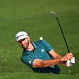 Dustin Johnson of the US plays a shot from a bunker on the second hole during a practice round prior to the start of the 2017 Masters Tournament, at Augusta National Golf Club in Georgia, on April 4