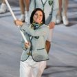 Australia's flagbearer Anna Meares leads during the opening ceremony of the Rio Olympics at the Maracana stadium