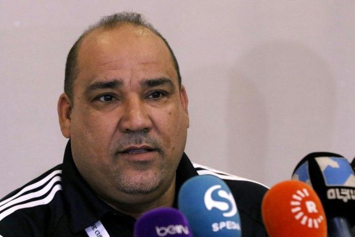 Esam Hamad, head coach of Iraq's Al-Zawraa football team speaks at a press conference in the northern Iraqi city of Arbil on May 21, 2017