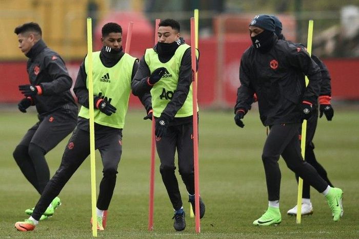 Manchester United players attend a training session at their Carrington base in northwest England, on February 15, 2017