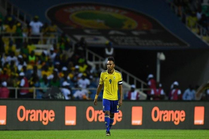 Gabon's forward Pierre-Emerick Aubameyang reacts during the 2017 Africa Cup of Nations group A football match between Cameroon and Gabon at the Stade de l'Amitie Sino-Gabonaise in Libreville on January 22, 2017