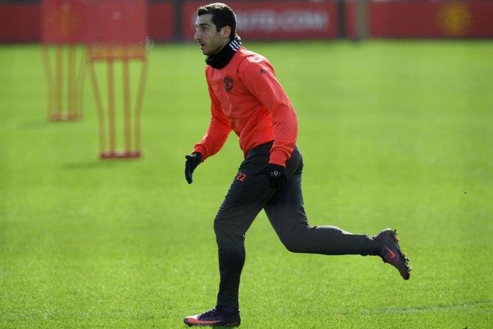 Manchester United's midfielder Henrikh Mkhitaryan takes part in a training session at their Carrington base in Manchester March 15, 2017, on the eve of their UEFA Europa League Round of 16 second-leg football match against Rostov