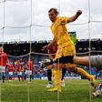 Ukraine's Roman Zozulia scores the only goal during a friendly match against Norway in Oslo Wednesday on June 2, 2010