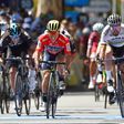 Orica-Scott rider Caleb Ewan of Australia (C-L) wins ahead of Bora-Hansgrohe rider Peter Sagan of Slovakia in stage four of the Tour Down Under cycling race, from Norwood to Campbelltown, near Adelaide, on January 20, 2017