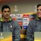 Celta Vigo's midfielder Pedro Pablo Hernandez (L) and Celta Vigo's coach Eduardo Berizzo attend a press conference on May 10, 2017
