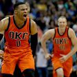 Russell Westbrook of the Oklahoma City Thunder celebrates after scoring a game-winning three-pointer at the buzzer against the Denver Nuggets, at Pepsi Center in Denver, Colorado, on April 9, 2017