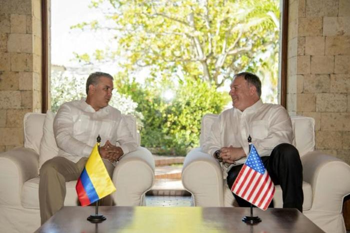 Colombia President Ivan Duque (left) meets with United States Secretary of State Mike Pompeo in Cartagena to discuss Venezuela