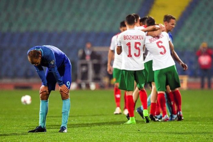 Netherland's Bas Dost reacts after losing the FIFA World Cup 2018 qualification football match against Bulgaria in Sofia on March 25, 2017