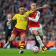 Burnley's English striker Andre Gray (L) vies with Arsenal's English defender Kieran Gibbs during the English FA Cup fourth round football match between Arsenal and Burnley at the Emirates stadium in London, on January 30, 2016
