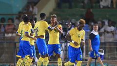 Gabon's national team players celebrate after defeating Sudan during their 2017 Africa Cup of Nations qualifying match in Khartoum, in September 2016