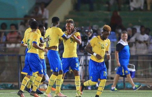 Gabon's national team players celebrate after defeating Sudan during their 2017 Africa Cup of Nations qualifying match in Khartoum, in September 2016