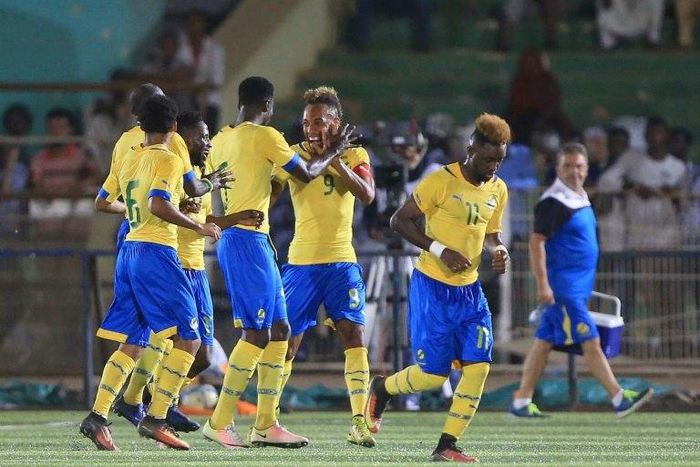 Gabon's national team players celebrate after defeating Sudan during their 2017 Africa Cup of Nations qualifying match in Khartoum, in September 2016
