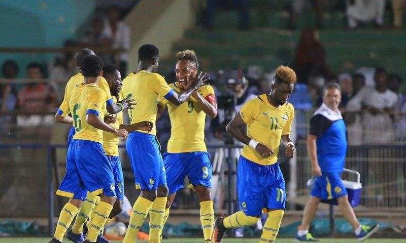 Gabon's national team players celebrate after defeating Sudan during their 2017 Africa Cup of Nations qualifying match in Khartoum, in September 2016