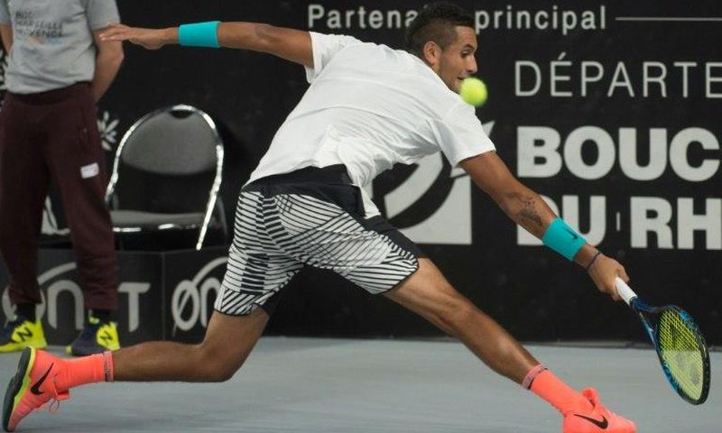Australia's Nick Kyrgios returns the ball to Slovakia's Norbert Gombos during their ATP Marseille Open tennis match in Marseille, southern France, on February 24, 2017