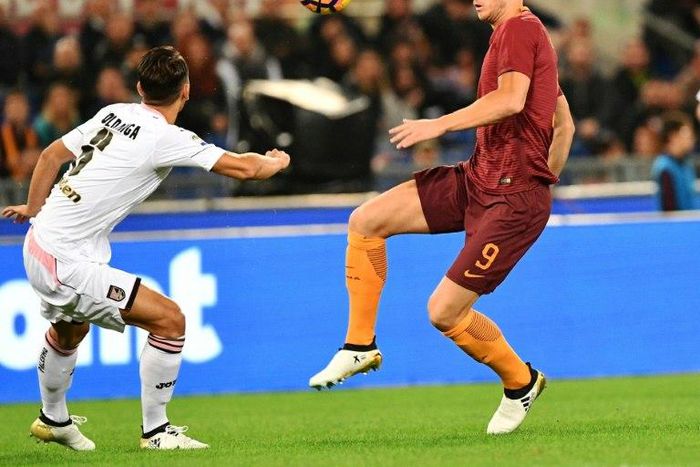 Roma's forward Edin Dzeko (R) faces off with Palermo's defender Edoardo Goldaniga on October 23, 2016