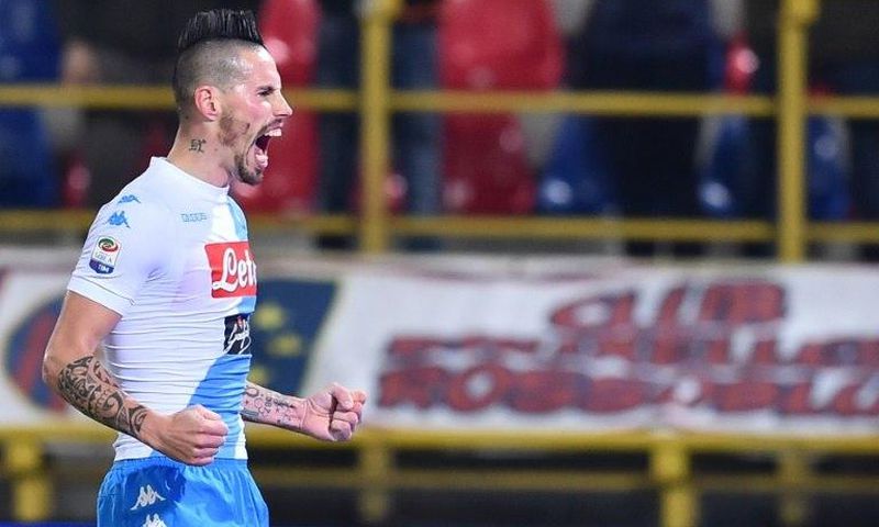 Napoli's Marek Hamsik celebrates after scoring against match Bologna on February 4, 2017