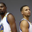 Kevin Durant #35 and Stephen Curry #30 of the Golden State Warriors pose during a media shoot at the Warriors Practice Facility on September 26, 2016 in Oakland, California