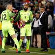 The US national football team goalkeeper Tim Howard (R) leaves the field as Brad Guzan takes his place during their 2018 FIFA World Cup qualifying match against Mexico, in Columbus, Ohio, on November 11, 2016