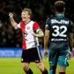 Dirk Kuyt of Feyenoord Rotterdam celebrates the 3-0 score with his teammates during the Dutch Eredivisie soccer match in Rotterdam on April 5, 2017