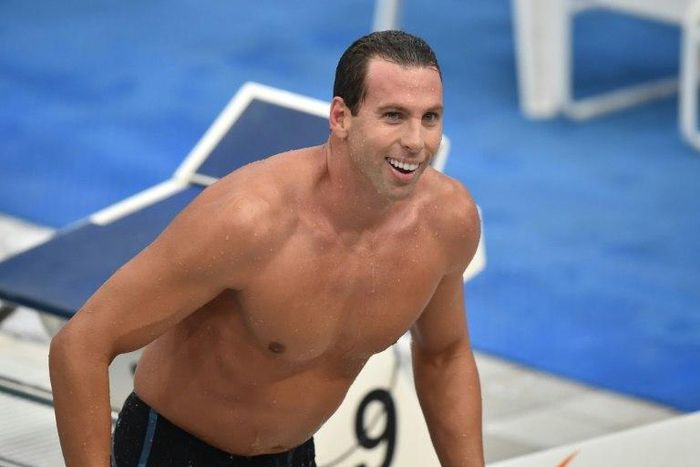 Dual Olympic champion Grant Hackett of Australia smiles after finishing third in the 400-metre freestyle final in his comeback swim after seven years out of the pool, at Australia's world championship trials in Sydney in 2015
