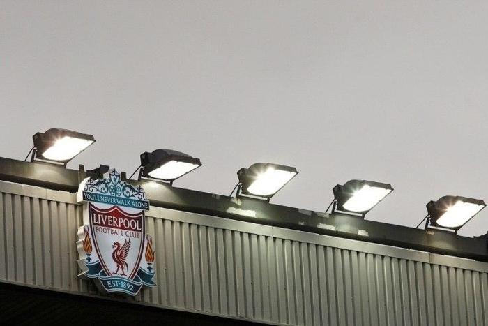 The Liverpool club crest is seen on the roof of the Centenary Stand