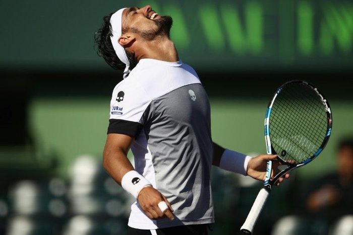 Fabio Fognini of Italy celebrates defeating Kei Nishikori in their Miami Open quarter-final match, at Crandon Park Tennis Center in Key Biscayne, Florida, on March 29, 2017