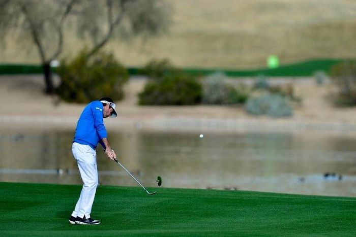 Bubba Watson plays a shot from the fairway after taking a drop on the 15th hole during the second round of the Waste Management Phoenix Open at TPC Scottsdale on February 3, 2017 in Scottsdale, Arizona