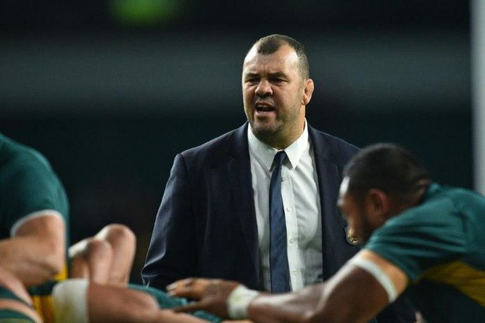 Australia's coach Michael Cheika watches his players warm up ahead of their Rugby Championship Int'l Test match against Argentina, at Twickenham stadium in London, on October 8, 2016