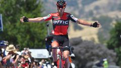Australian cyclist Richie Porte from Team BMC celebrates after winning the second stage of the Tour Down Under, from Stirling to Paracombe, on January 18, 2017