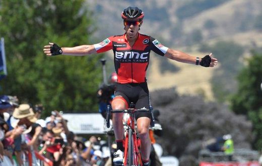 Australian cyclist Richie Porte from Team BMC celebrates after winning the second stage of the Tour Down Under, from Stirling to Paracombe, on January 18, 2017