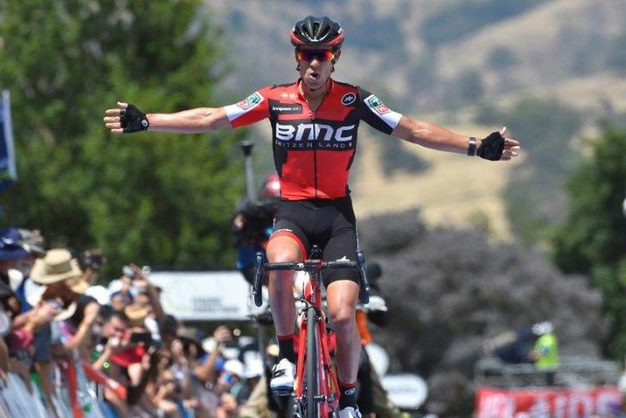 Australian cyclist Richie Porte from Team BMC celebrates after winning the second stage of the Tour Down Under, from Stirling to Paracombe, on January 18, 2017