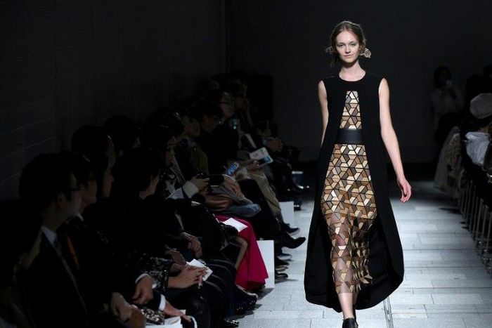 A model dressed in a Hanae Mori Manuscrit creation during the 2017 Autumn/Winter Collection show at Tokyo Fashion Week on March 23, 2017