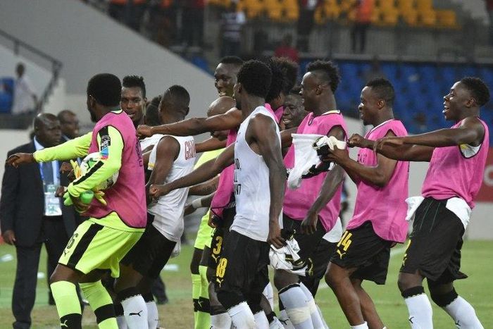 Ghana's players celebrate after their 2-1 win over DR Congo in their Africa Cup of Nations quarter-final in Oyem, Gabon on January 29, 2017