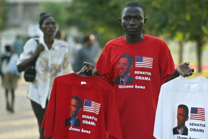 A vendor in Kisumu, Kenya, sells tee-shirts bearing the photo of then US senator Barack Obama