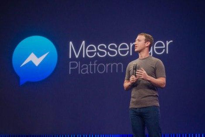 Mark Zuckerberg during the launch of the Messenger Platform used to build Messenger bots.