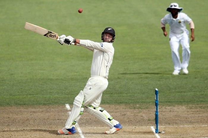 Colin de Grandhomme of New Zealand bats on day four of their third Test match against South Africa, at Seddon Park in Hamilton, on March 28, 2017
