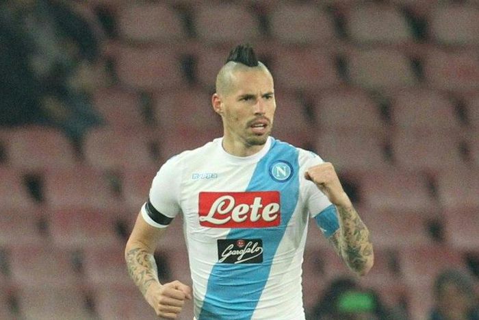 Napoli's midfielder from Slovakia Marek Hamsik celebrates scoring against Inter Milan on December 2, 2016