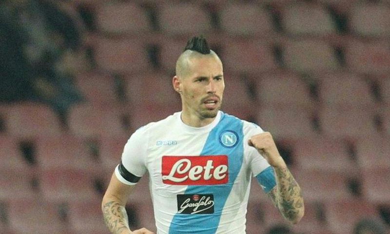 Napoli's midfielder from Slovakia Marek Hamsik celebrates scoring against Inter Milan on December 2, 2016