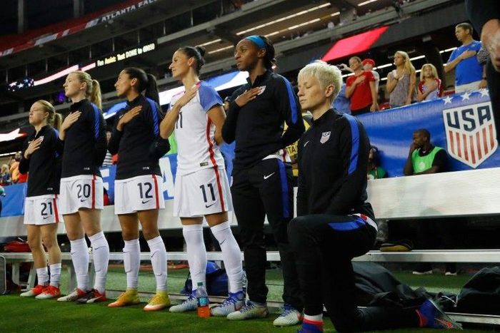 Megan Rapinoe kneeled during the US anthem before the Thailand match in protest at social inequality
